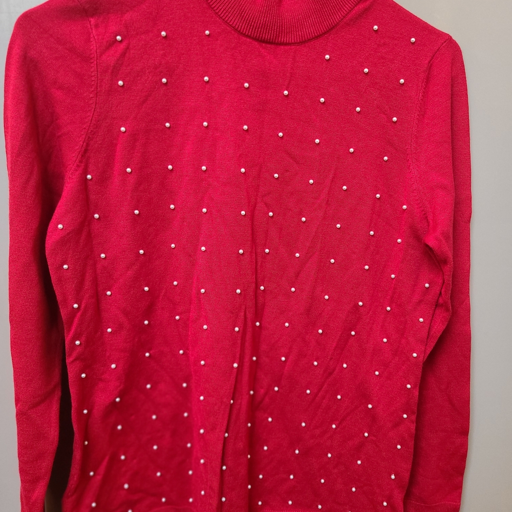 CalvinKlein Red Blouse with Pearl Embellishments